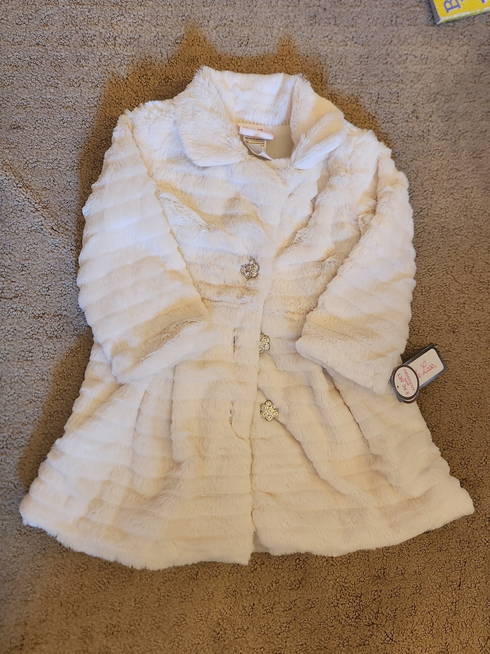 Girls Cream Faux-Fur Coat with Decorative Buttons